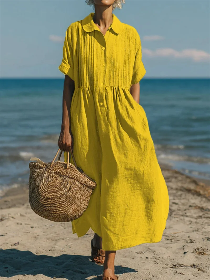 Women Simple Style Solid Color Cotton Linen Dresses Lapel Pleated Short Sleeve Sundress Summer Casual Beach Vacation Long Dress view 3