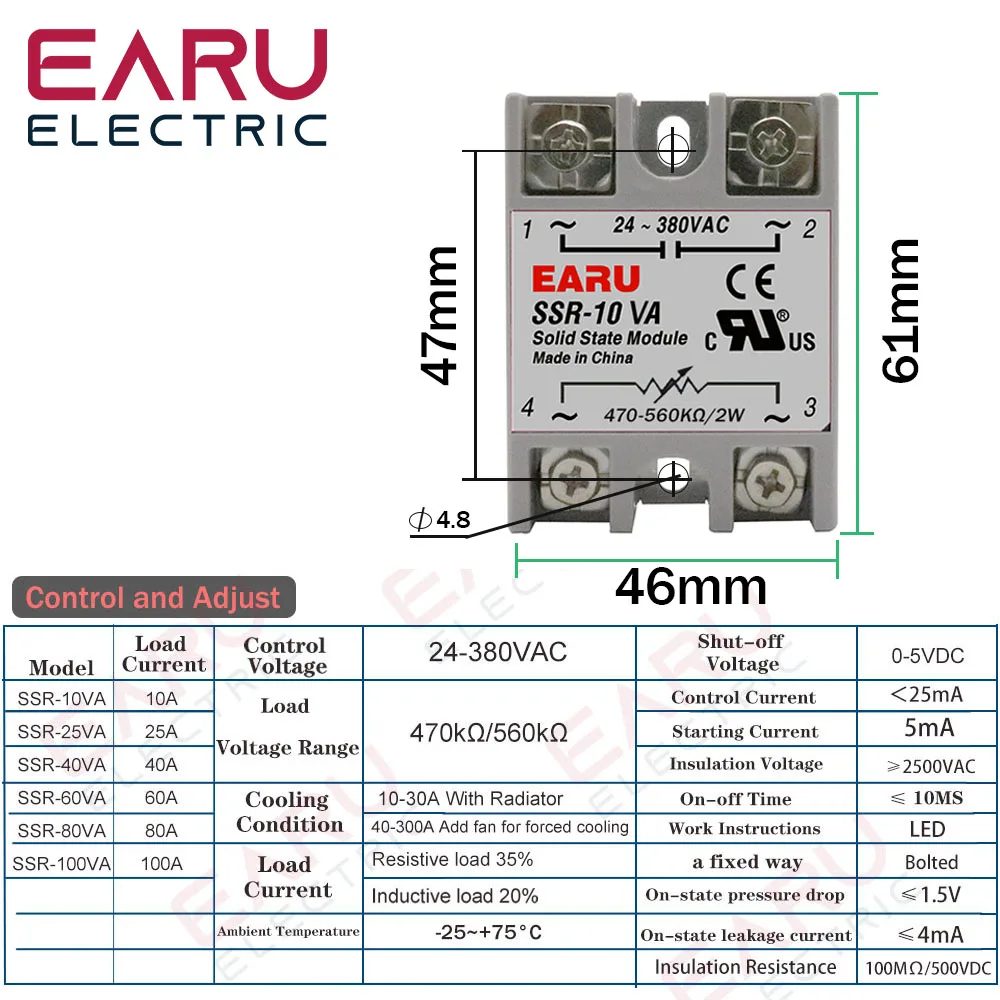 SSR-10VA SSR-25VA SSR-40VA SSR Regulador de tensão de relé de estado sólido AC24-380V Saída + Potenciômetro para controlador de temperatura PID