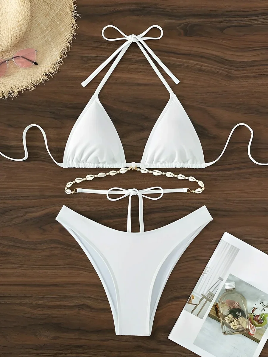 Halfter Wickel um Muschel dekoriert Bikini Frauen Bade bekleidung weiblichen Badeanzug zweiteiligen Bikini-Set Bad Badeanzug schwimmen