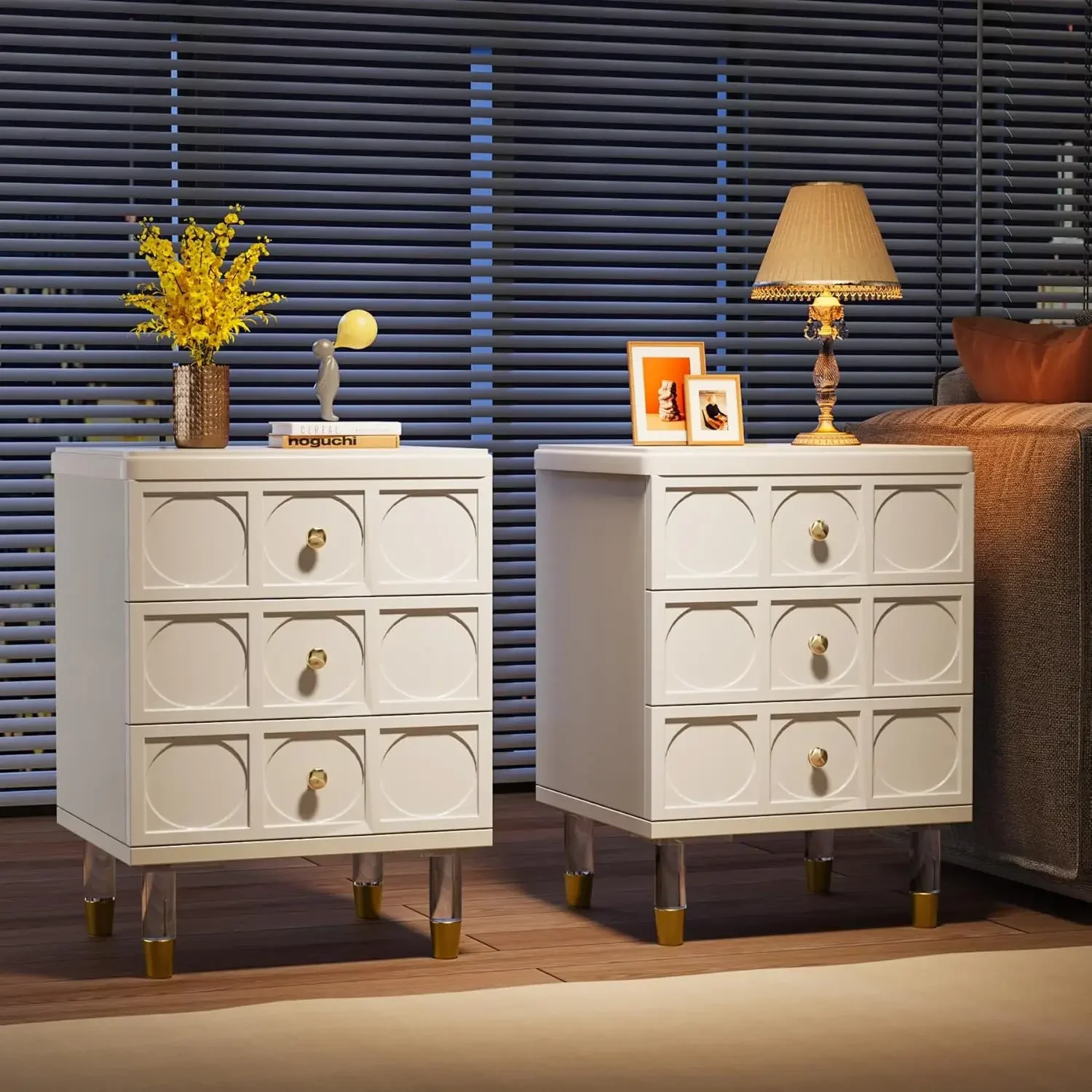 

2PCS Nightstand with 3 Drawers, White and Gold Nightstands Bedside Table, Sofa End Tables with Storage for Living Room, Bedroom
