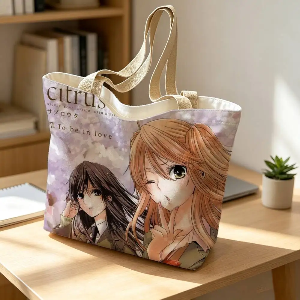 Yuri Citrus Anime Girl Love Print Canvas Tote Bag Handbag For Daily School Commute Casual Shoulder Bag