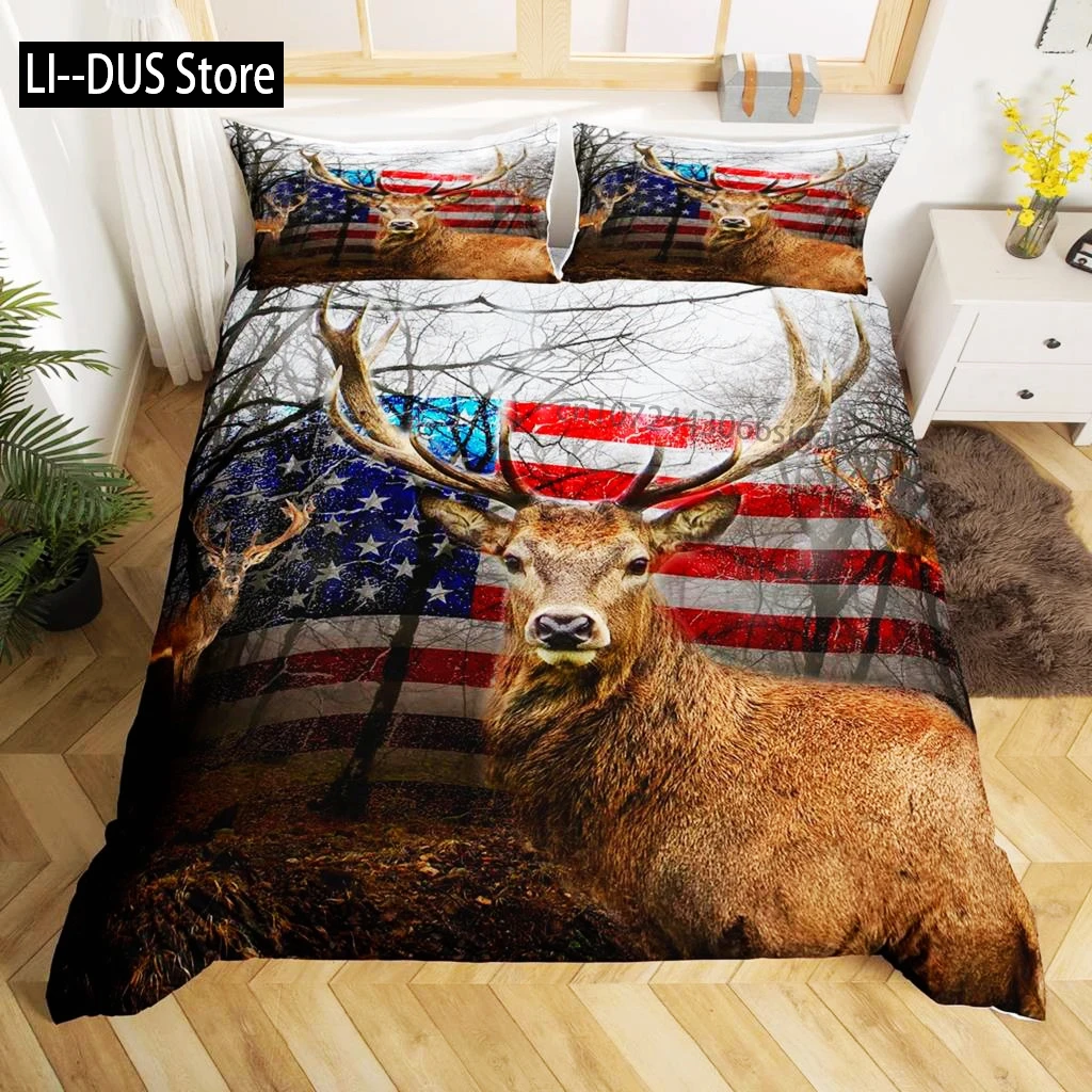 

Camo Deer Duvet Cover Set Antlers Arrow Pattern Bedding Set Stripes Gird Camouflage Comforter Cover Microfiber King Quilt Cover