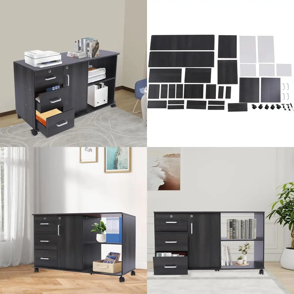 

Мобильный шкаф для документов с 3 выдвижными ящиками, дверцей и 2 открытыми полками, высота 39,4 дюйма, для дома, офиса, школы (черный)
