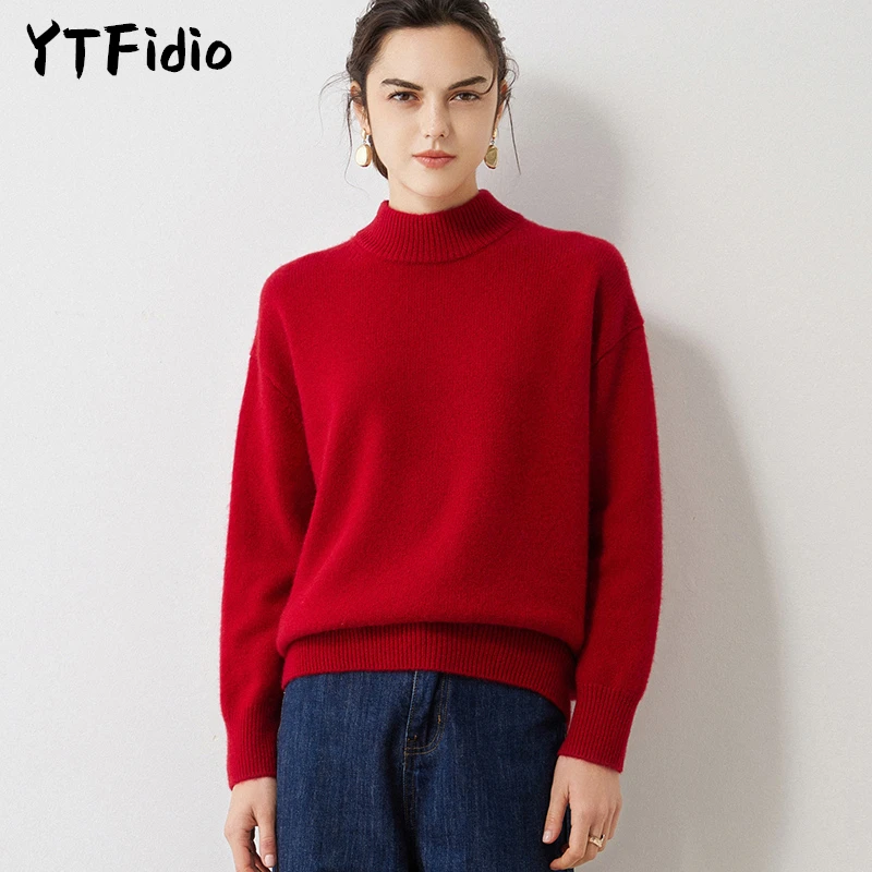 

YTFidio 100% Cashmere Women Winter Half high collar Soft Warm Solid Knitwear Turtleneck Pullover Female Tops 13