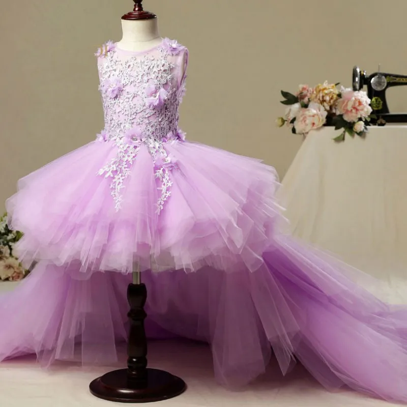 Elegant Long Trailing Appliques First Communion Dress Purple Tulle Ball Gown Kids Pageant Gown Flower Girl Dress for Weddings