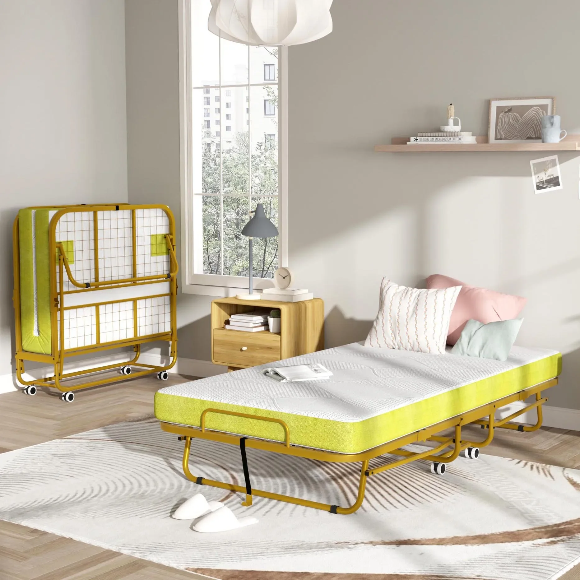 2026Fashion Folding Bed with Memory Foam Mattress and Swivel Wheels Fold Out Cot Size Rollaway Guest Bed Storage Bag Included