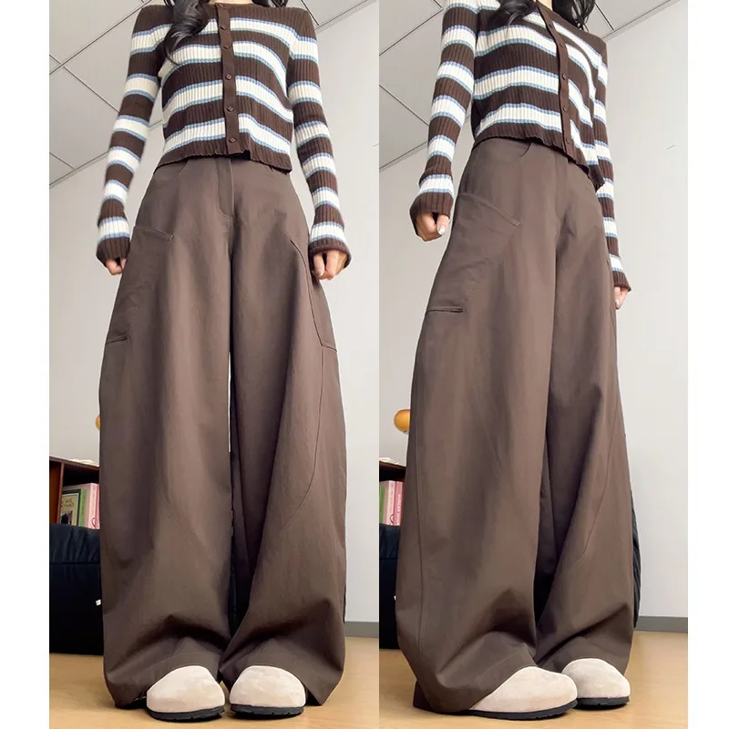 2026 Fall Womens American Vintage Barrel Suit Pants Stylish Big Pockets Floor Length Slim Cargo Wide Leg Trousers