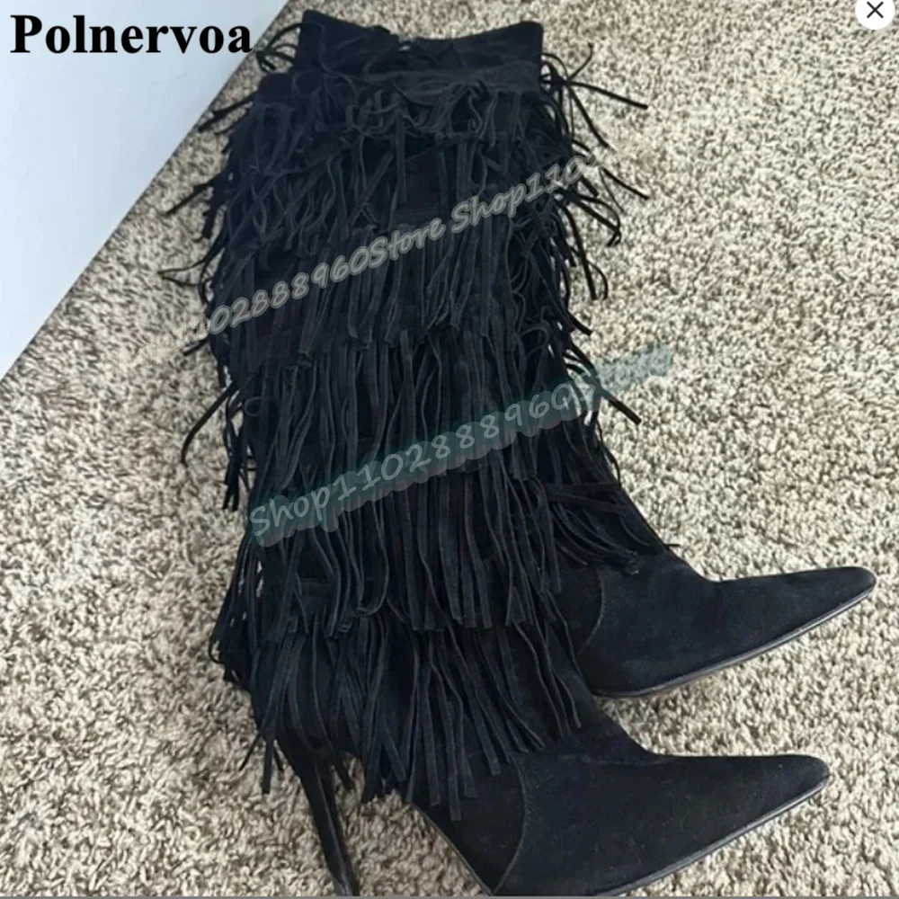 

Stylish Knee High Black Flock Tassels Boots Stilettos High Heel Shoes For Women Side Zipper Pointed Toe Fashionable Women Boots
