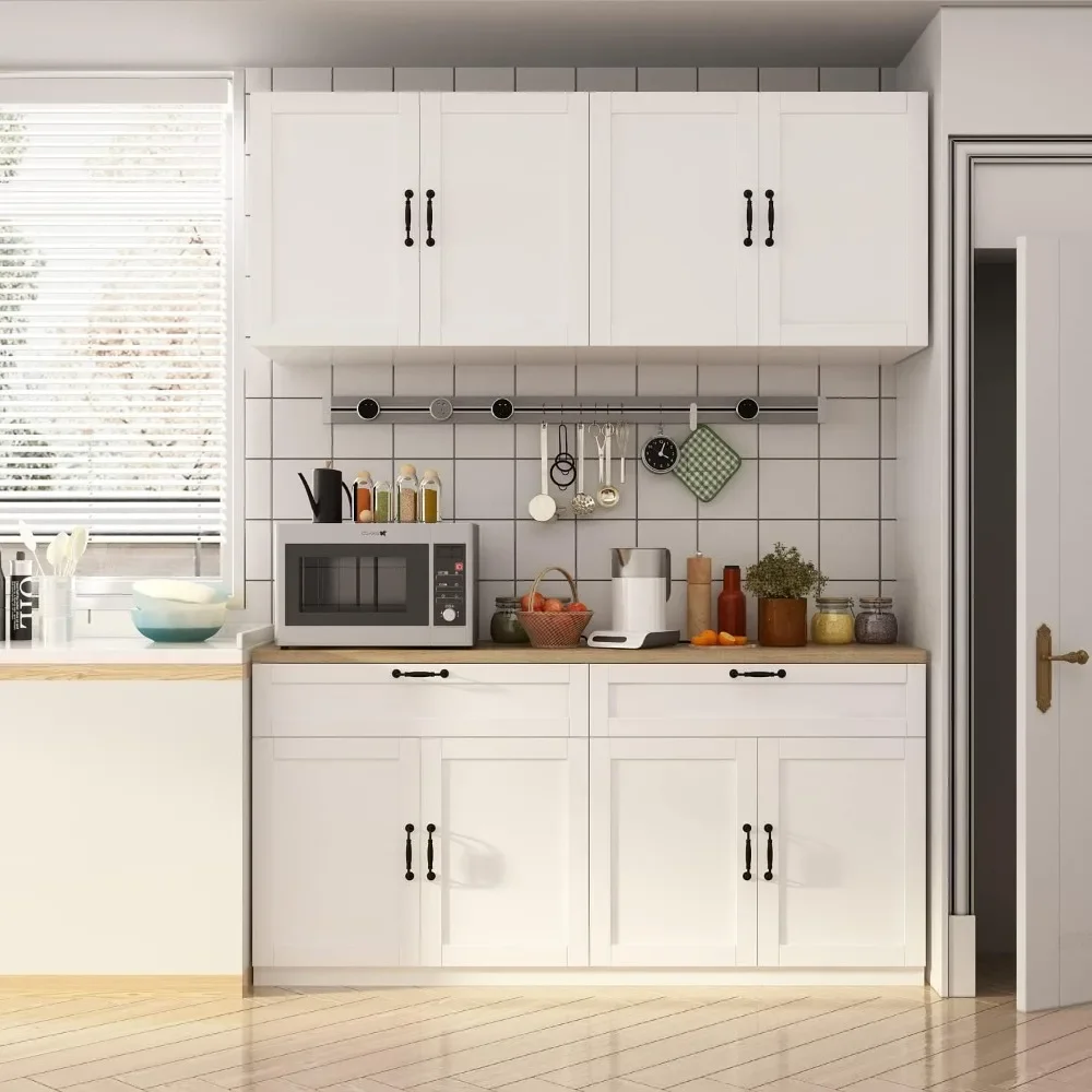 Wall-Mounted Kitchen Pantry with Doors, Drawers & Adjustable Shelves, Kitchen Cupboard Storage Cabinet for Living Room, Cabinets