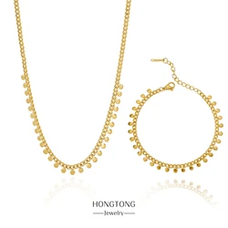 HONGTONG Small Disc Pendant Necklace Bracelet For Women 18K Gold Plated Stainless Steel Jewelry Set Charm Accessories Gift