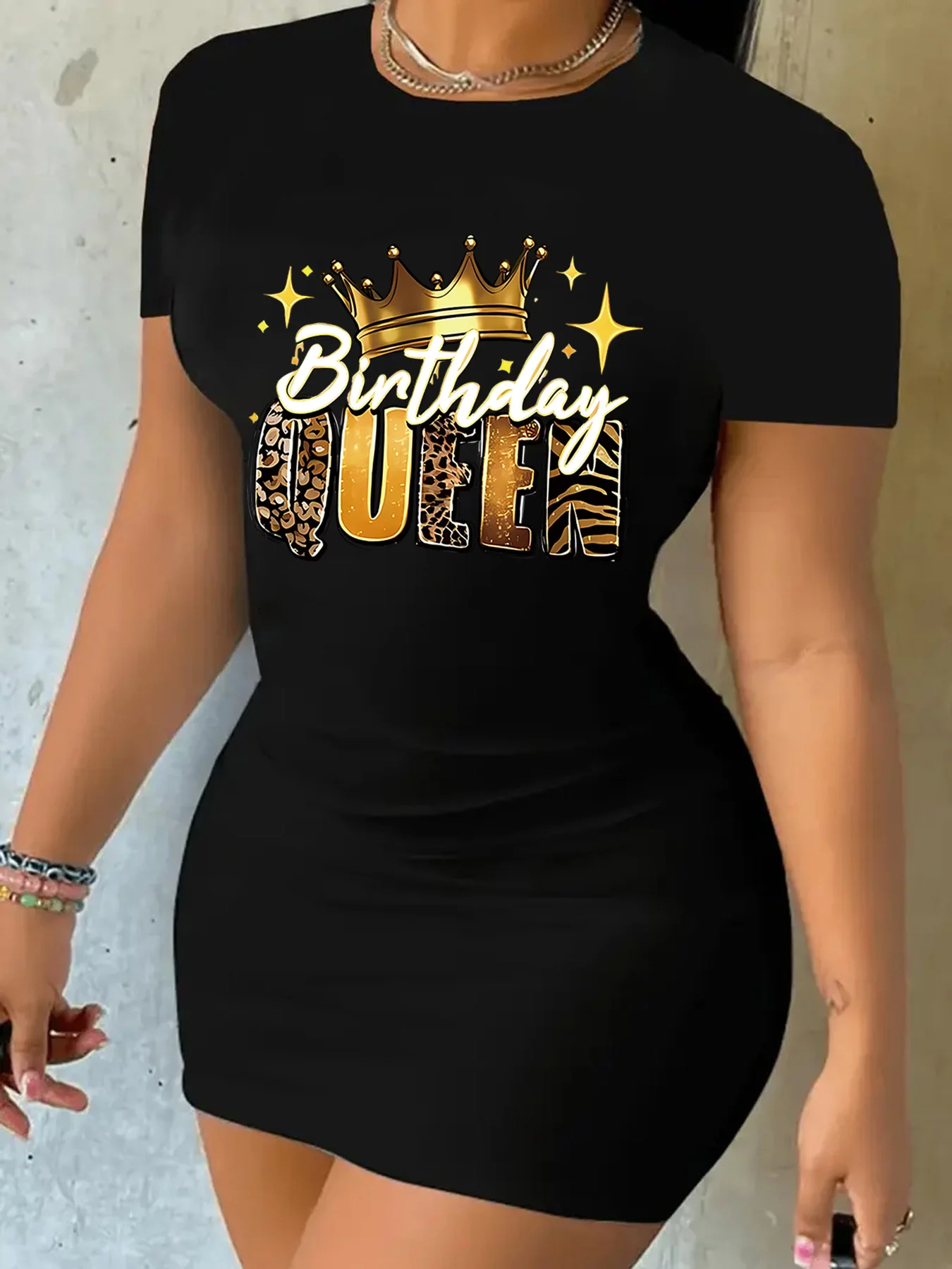 

Женское повседневное облегающее платье больших размеров с короткими рукавами и круглым вырезом на день рождения, королева, блестящие надписи, леопардовый принт, черное с золотым принтом