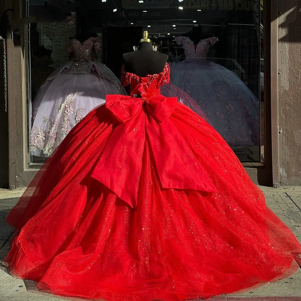 Vestido Lorencia vermelho Quinceanera, vestido de baile, apliques fora do ombro, laço de renda, México Sweet 16, 15 anos, novo, YQD520