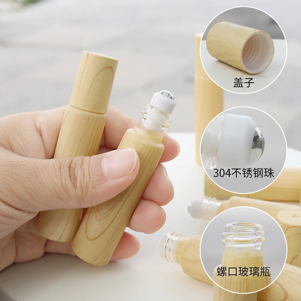 

100 шт., 10 мл, роскошная упаковка с имитацией древесного зерна, косметика, стеклянные бутылки, сыворотка с эфирным маслом, рулонная бутылка со стеклянной внутренней частью