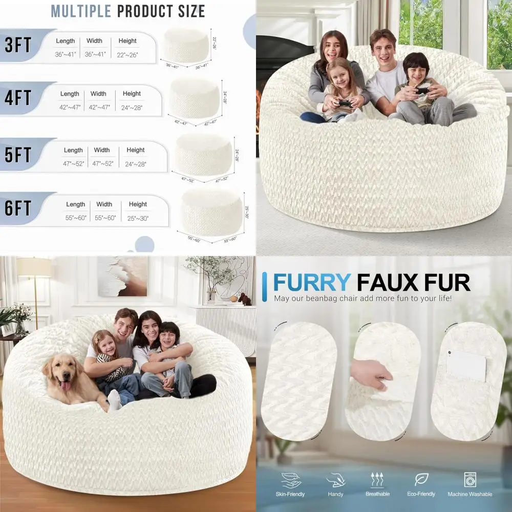 6T Adult-Sized Bean Bag Chair with Memory Foam and Chevron Plush Cover - White