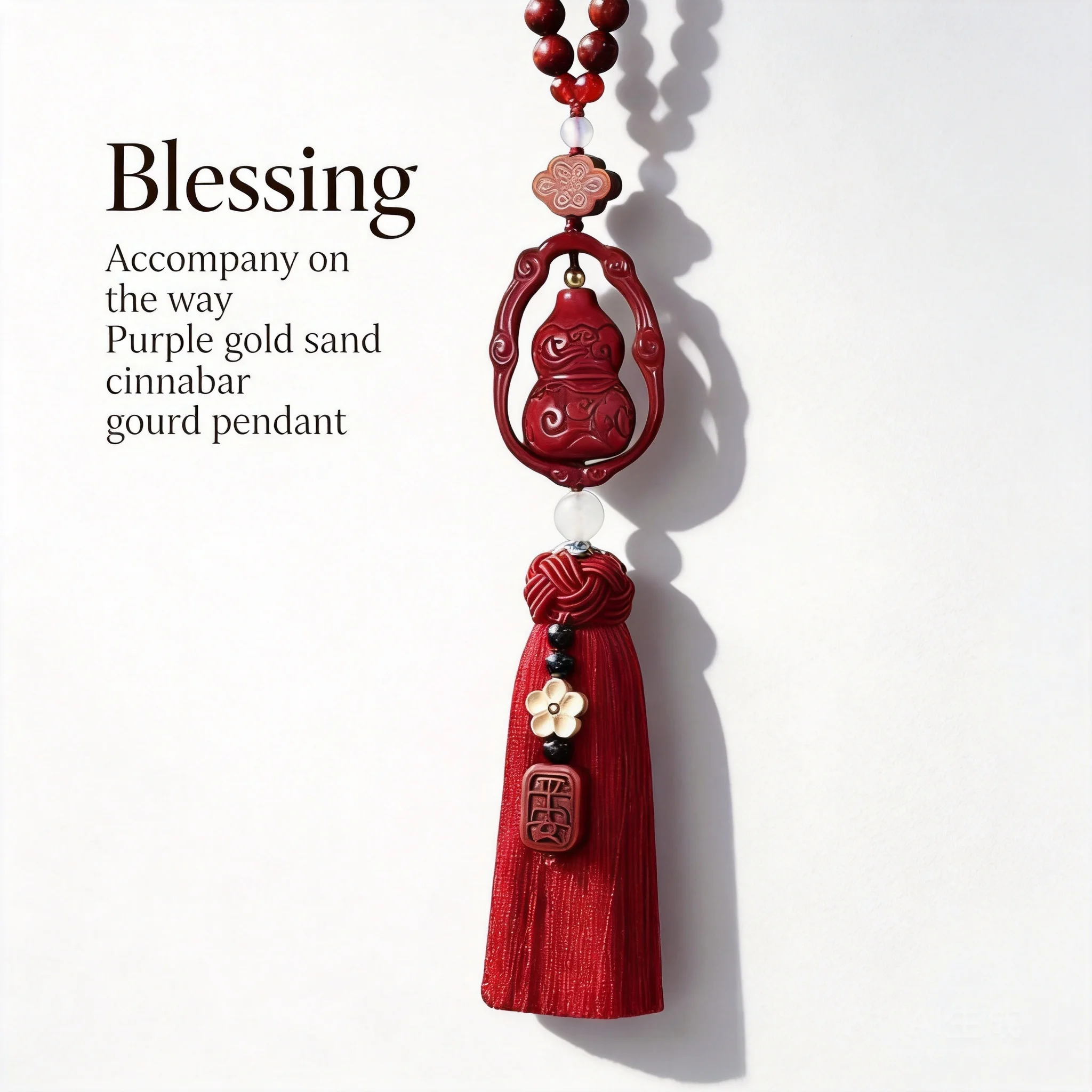 

Chinese Style Auspicious Cinnabar Gourd Car Hanger Good Luck Blessing Rearview Mirror Pendant Tassel Alloy Interior Ornament Pro