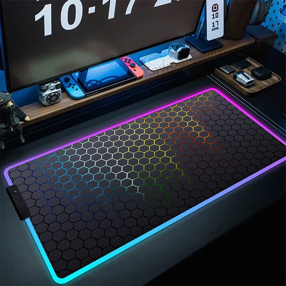 RGB alas Mouse segi enam 900x400mm, karpet Laptop alas Mouse keren Anti selip bercahaya seni permainan LED geometris