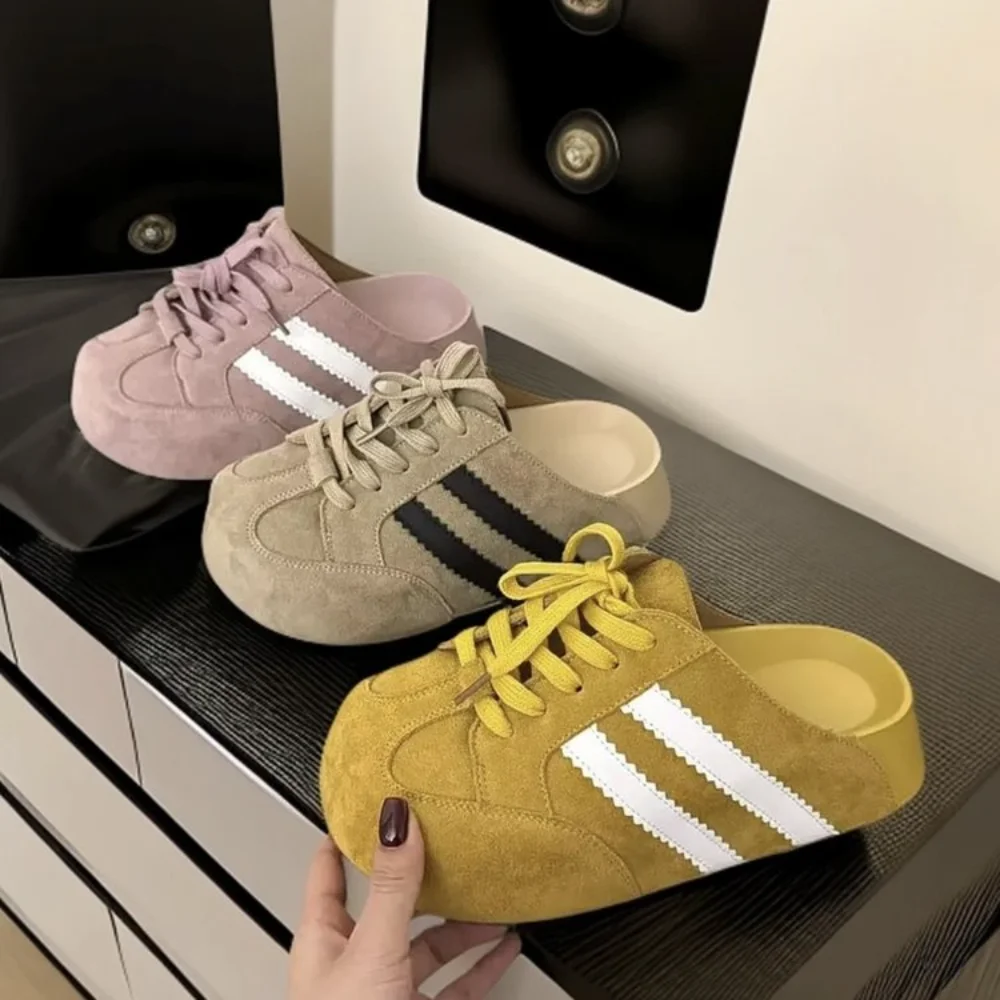 Damen Retro Wildleder Gestreifte Mule-Sneaker, Slip-on Freizeitschuhe, Bequeme Dicksohlen-Fußbekleidung für Streetstyle – Detail 5