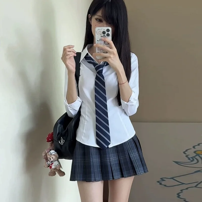 Deeptown White Basic Preppy Women Shirts Long Sleeve Turn Down Collar Japanese Fashion Slim Blouses Jk Solid Color Aesthetic