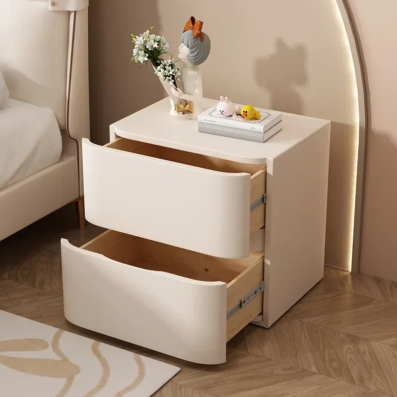 Cream Quiet Wind Solid Wood Small Bedside Table Bedroom Microfiber Leather Floor Cabinet Light Luxury Storagesturdy And Durable