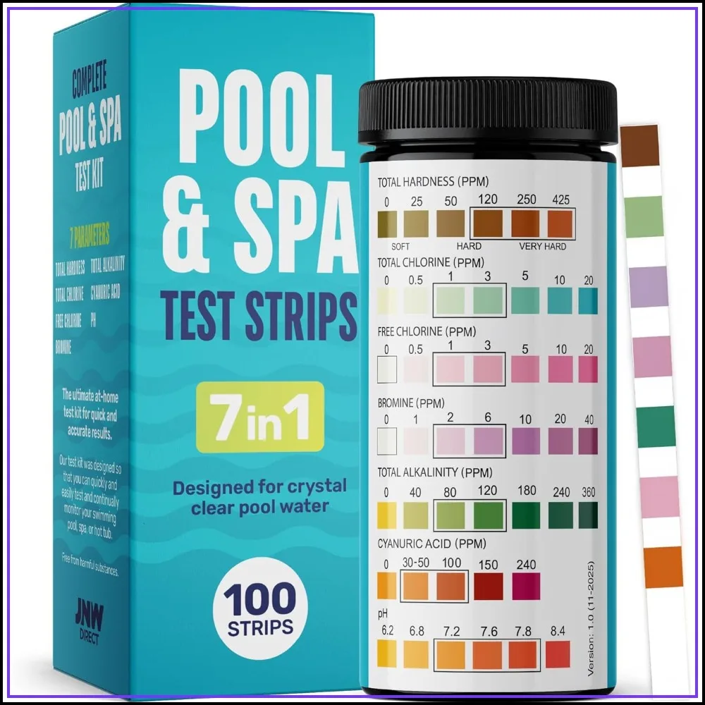 7-in-1 Pool Test Strips, 100 Quick & Accurate Strips for Pool, Spa, Hot Tub - Chlorine, Bromine, pH, Alkalinity, Hardness