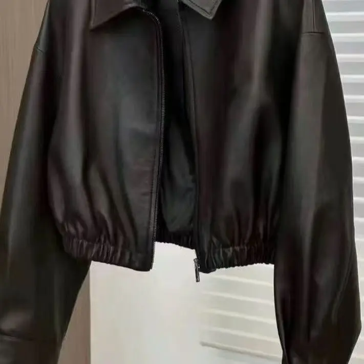 Damskie kurtki ze sztucznej skóry PU, krótkie, jednolite, zapinane na zamek, z kołnierzykiem, długie rękawy, luźny krój, styl casual, streetwear, wiosna-jesień 2025