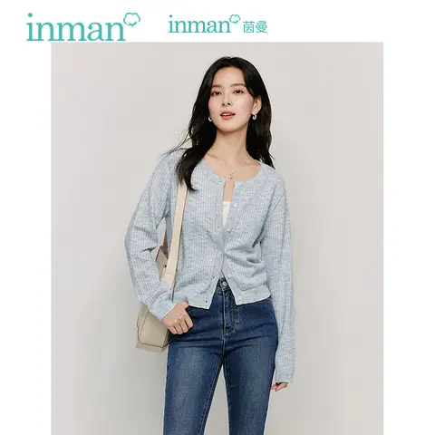 INMAN 여성 긴팔 니트 가디건, 밝은 실크 상의, 얇은 코트, 2024 가을