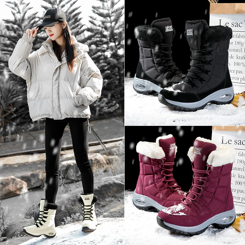 Waterproof Black Long Boots Size 36-42 Mid-Calf Winter Boots Women Snow Boots Climb Air Cushion Outdoor Warm Flush Hiking Shoes