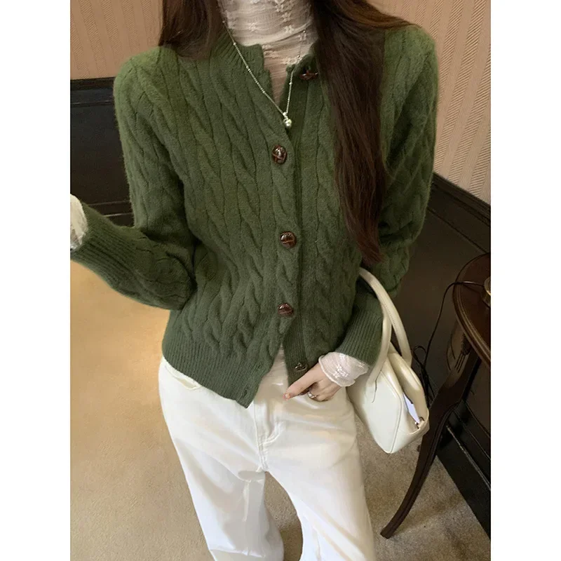 Long Sleeve Knitted Cardigan Women's 2024 Autumn and Winter Wear High Grade Button Fried Dough Twists Sweater Top Coat