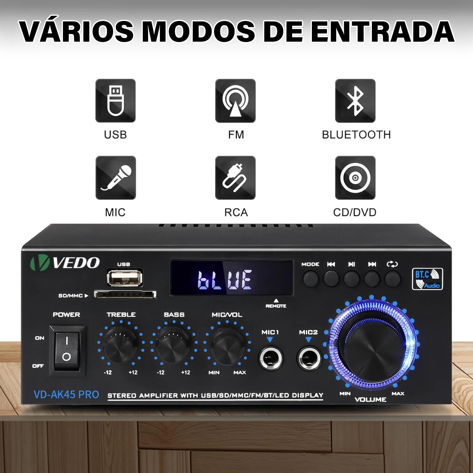 VD-AK45Pro Stereo Receivers Amplifier Home Audio with Bluetooth 5.3, 2.0 Channel Power Amplifier with USB,SD,RCA,FM,2MIC