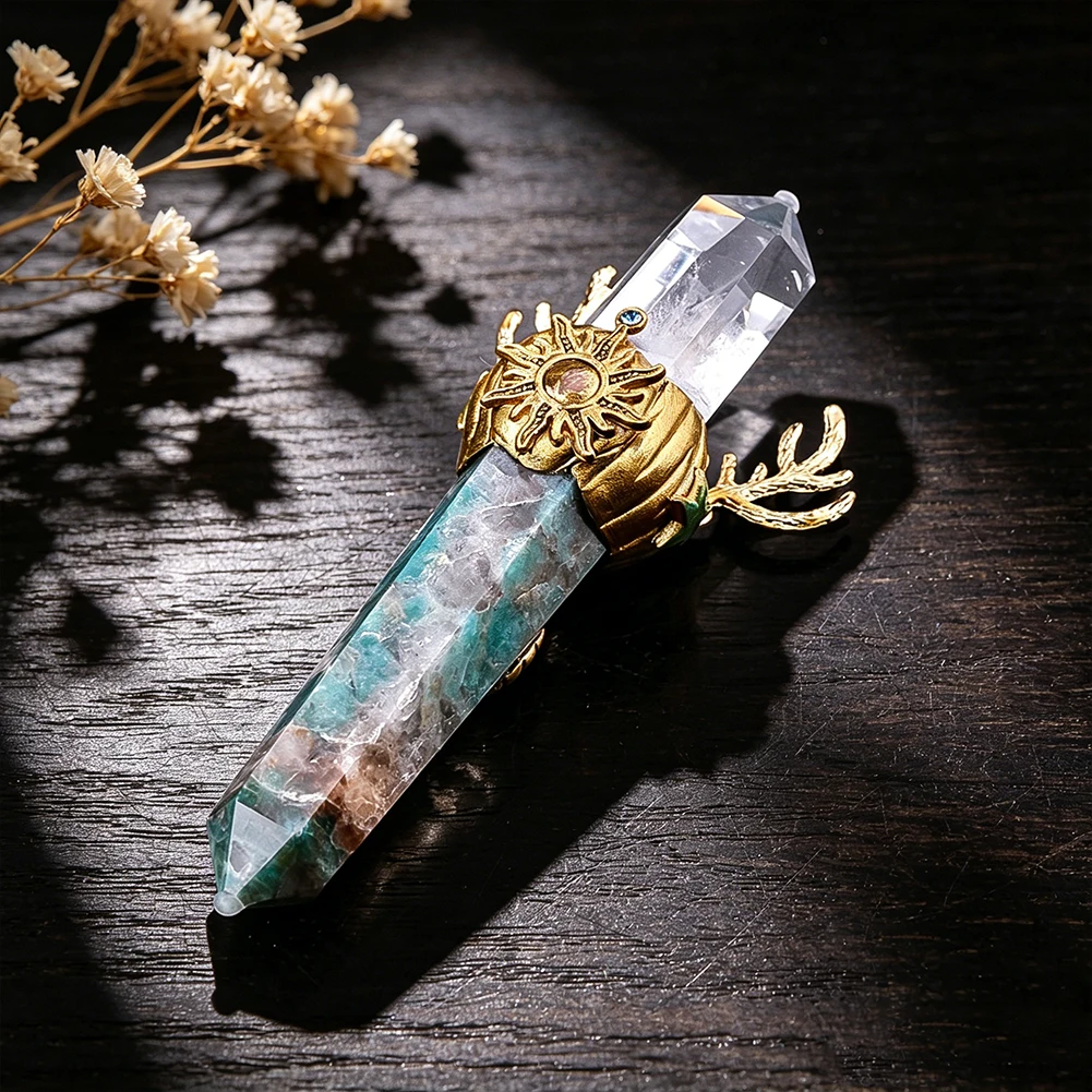 Hirschkopf-Natursechseck-Apatit-Stab mit klarem Quarzkristall auf der Oberseite, Heilmineral, Heimtischdekoration, Sammlerstück, Kunstgeschenk – Detail 4