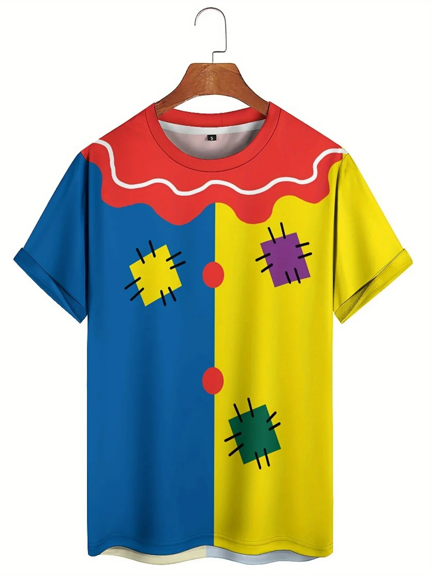 This 3D Print T-Shirt Features a Creative Clown Design with a Colorful Pattern, Complete with a Fake Bow Tie