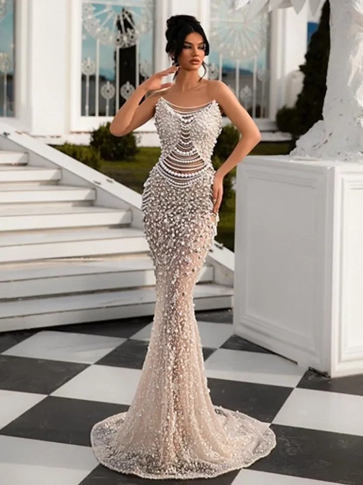 

Women Luxury Pearl Dress Strapless Beading Sequines Long Celebrity Evening Party Gala Dresses Activity Clothing Sparky Dress