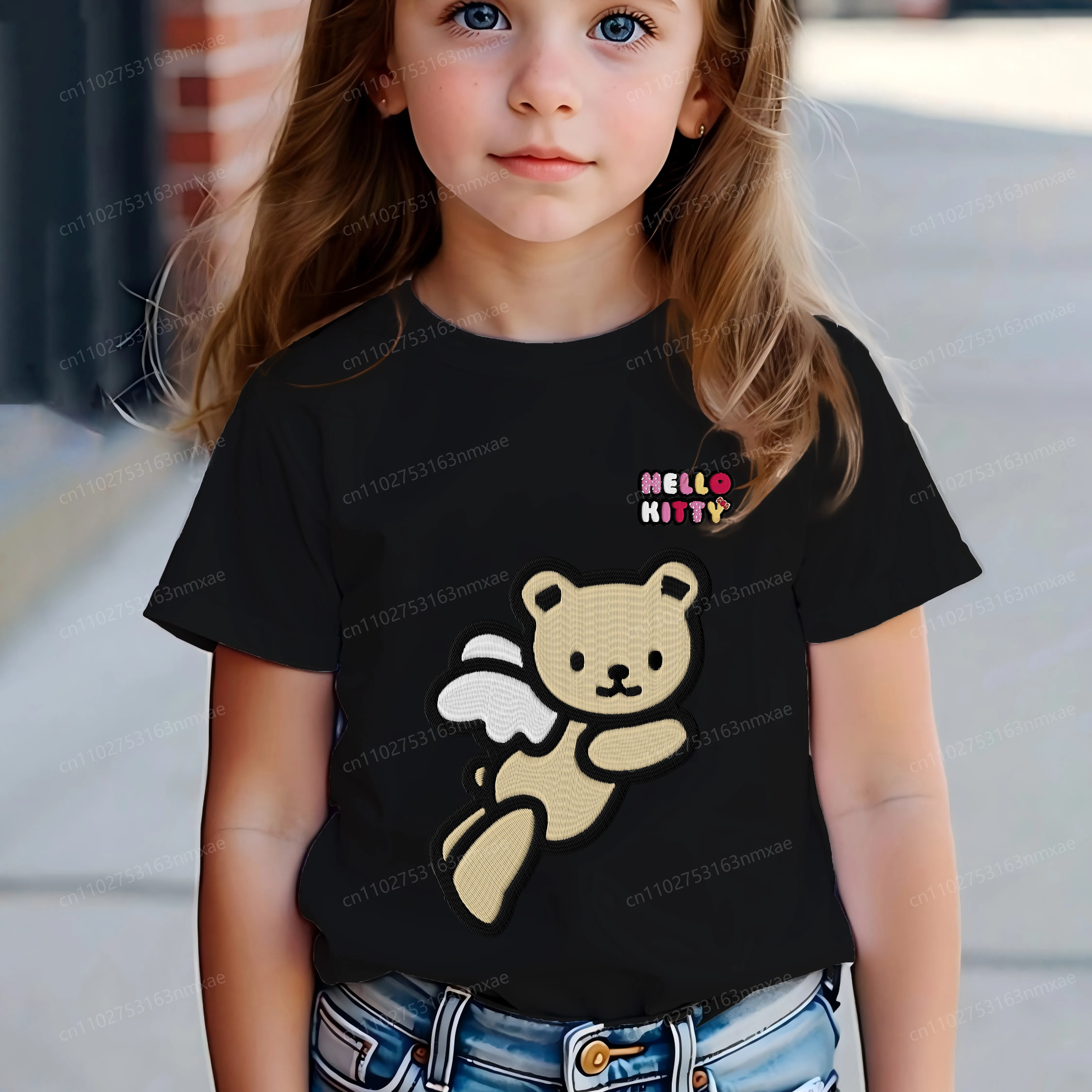 

Embroidery Hello Kitty 2025 Girl Clothes T-shirt for Girls 3D Printing Girls' Summer Children Clothing Top Pure Cotton Kids Top