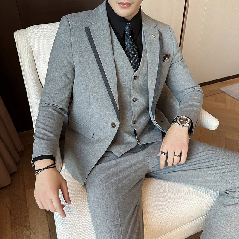 High-end Men's Solid Color (suit + Vest + Trousers) 3-piece Korean Version of British Style Casual Business Suit Wedding Suit