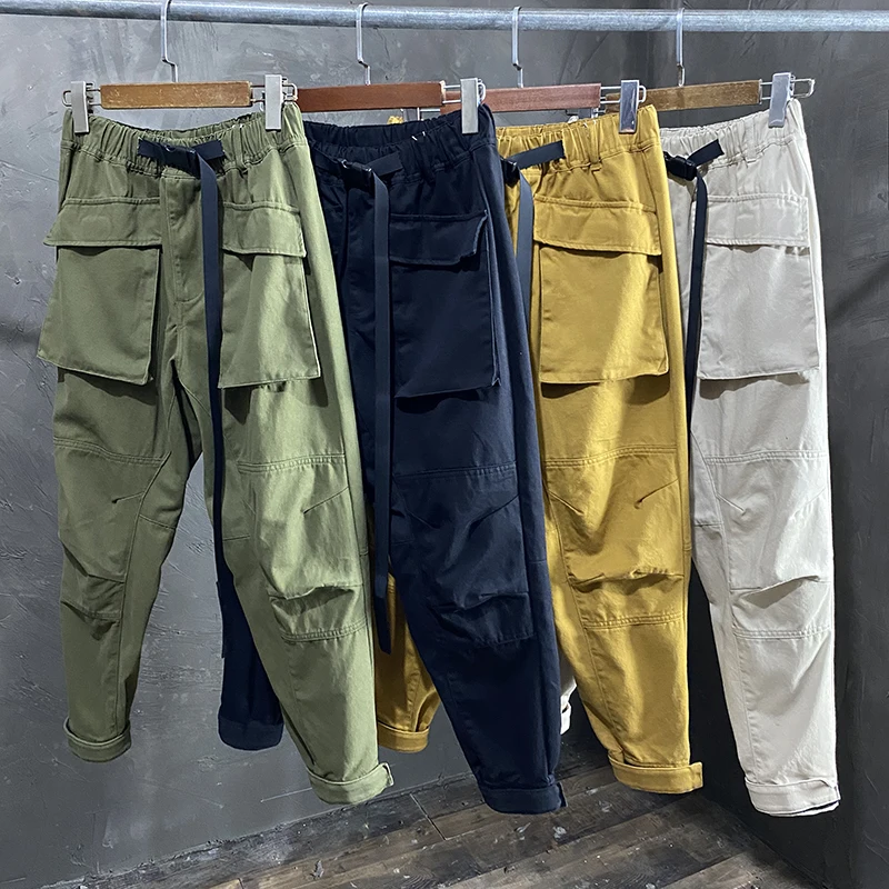 

Heavyweight Cotton Work Trousers Men's 3D Tailoring Washed Plaid Multi-Pocket Fashionable Urban Style Long Pants