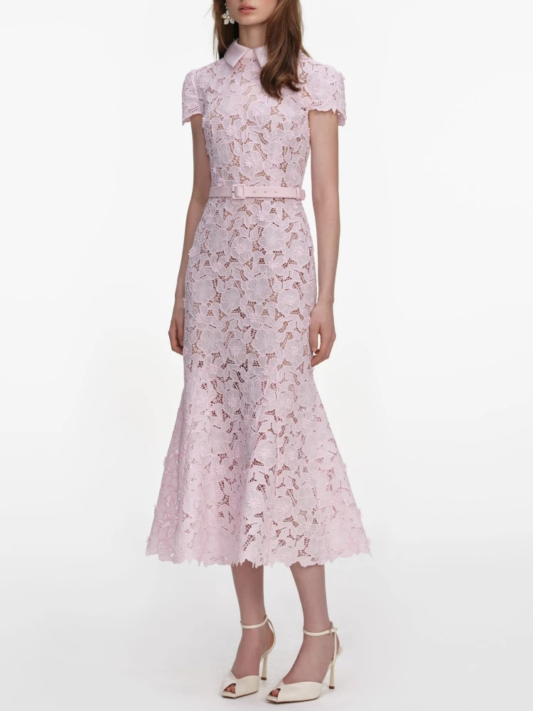 Sexy Lapel Neck Hollow Out Flower Embroidery Midi Dress With Belt Women Blue Short Sleeves Floral Mermaid Dresses Evening Party