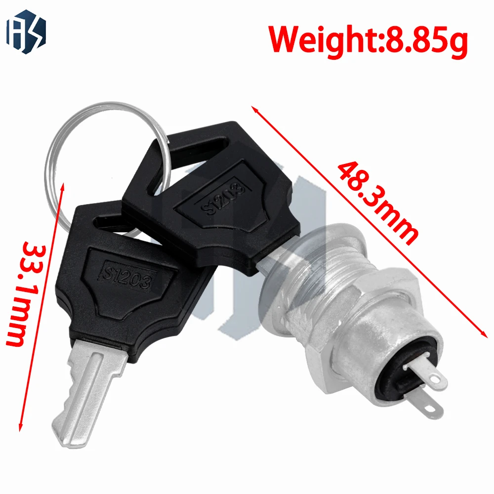 12mm Stainless Steel Key Lock Switch (ON/OFF) for Security Power Systems - 2PIN 2 Keys, AC 250V 0.5A  S1203 Model