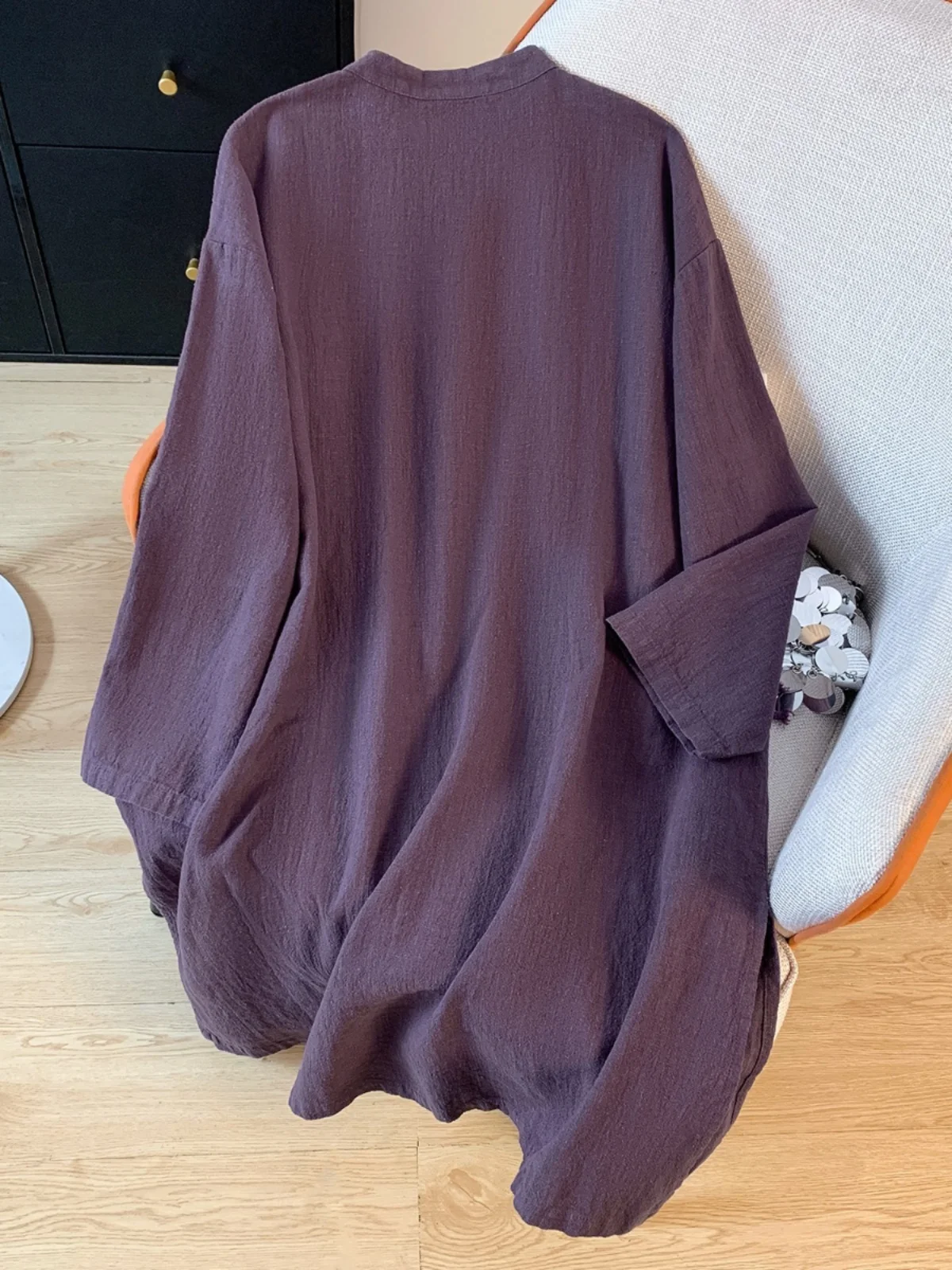 جديد الصينية Sle المرأة الكتان irt أوائل الخريف خمر الوطنية Sle البوذية زن القطن الكتان ميدي أعلى زر حتى طويل S... #4