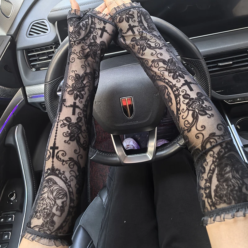 المرأة روز طباعة شبكة مثير لوليتا أسود شفاف طويل أصابع قفازات تأثيري أداء محرك واقية من الشمس غطاء للأكمام