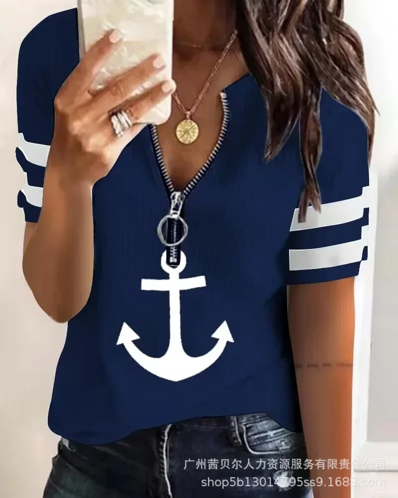 2024 Striped Letter Print Zip Front Short Sleeve T-shirt Women Spring Summer V Neck Blouse Top