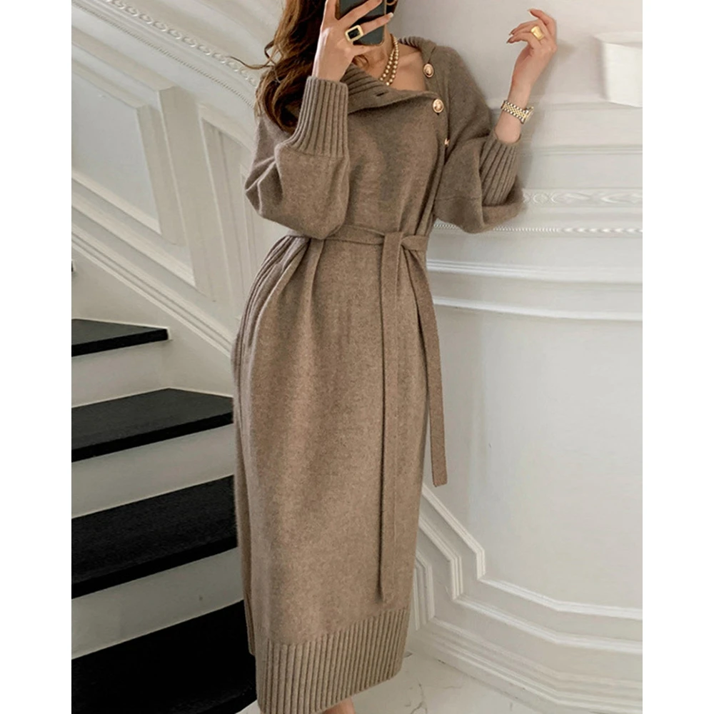 

Autumn Women Button Decro Turtleneck Solid Color Sweater Jumper Midi Dress Lady Femme Elegant Lace-up Long Sleeve Knitted Dress