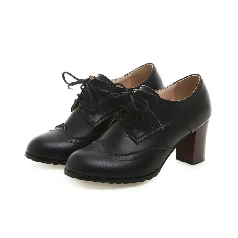 British Retro Oxford Shoes Women Pumps Women Pointed Toe Casual Thick Heel Leather Shoes Woman Lace Up Flats Size 34-43