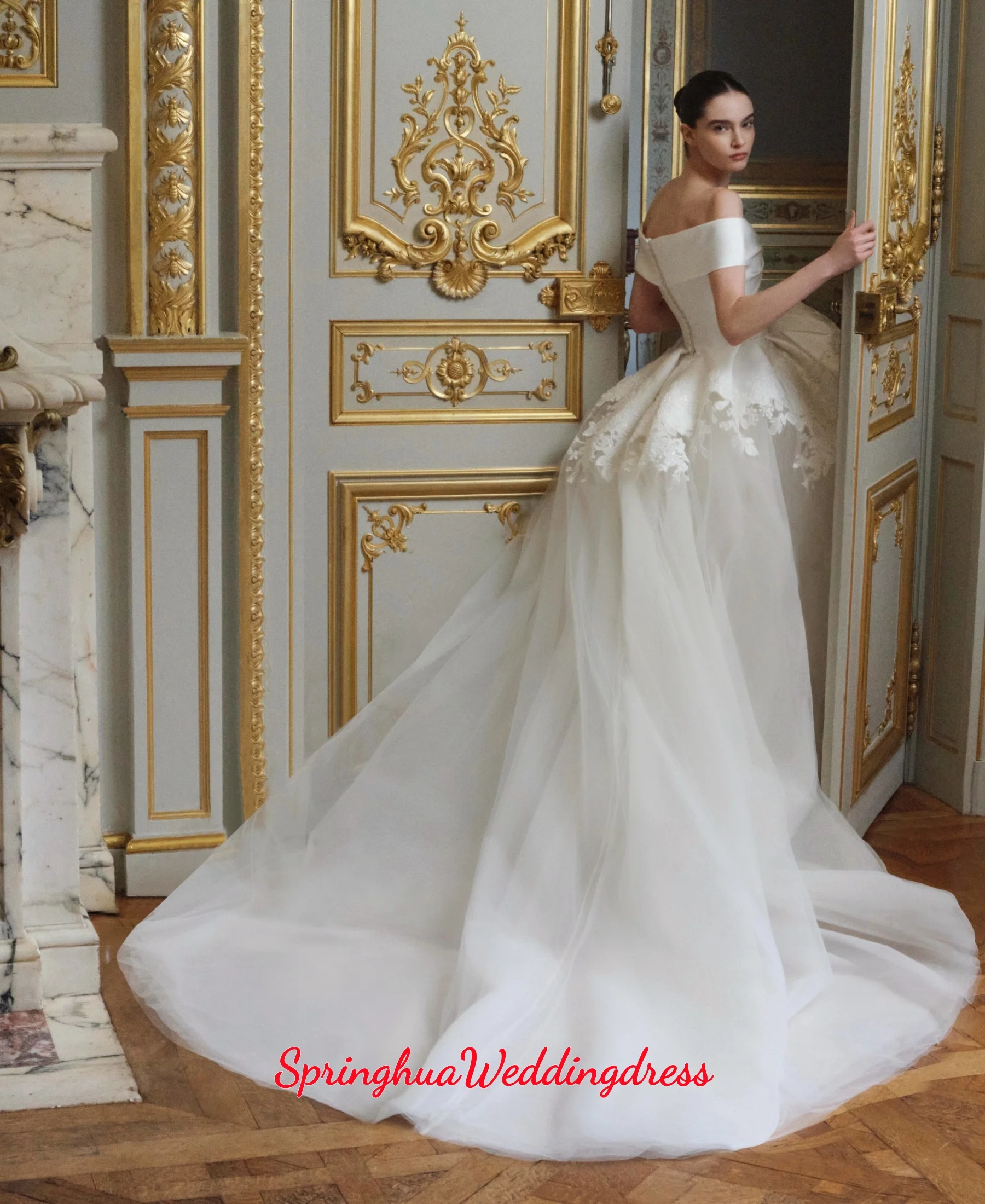 Customized Charming Off the Shoulder Wedding Dresses Lace Embellished Satin and Tulle A-Line Bridal Gown vestidos de novia