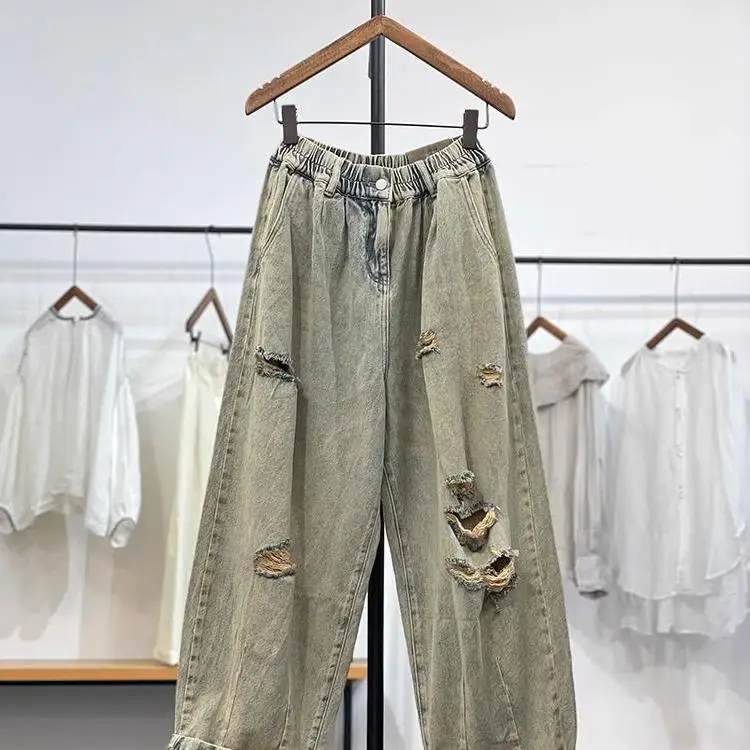 

Женские джинсы больших размеров (до 300 фунтов), свободные, с эластичным поясом, винтажные, рваные, в корейском стиле, летние, широкие брюки