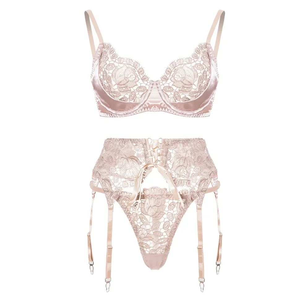 

New Western Ribbon Patchwork Floral Embroidery Bra For Women Garter Belt Lady Female Outfit Sexy Erotic Suits Set
