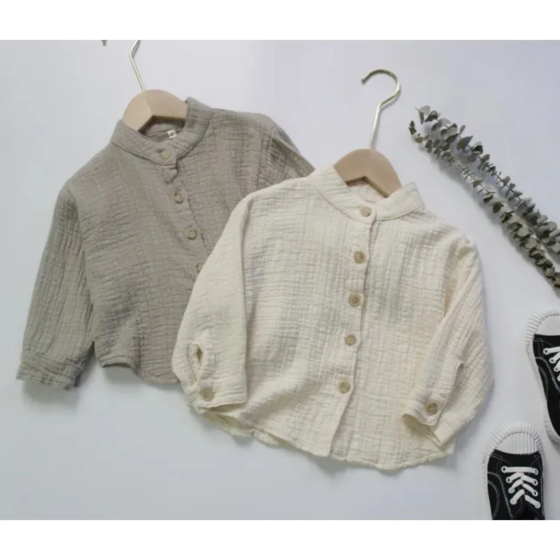 New  Autumn Baby Boys Cotton Linen Shirts Pure Color Korean Style Stand-up Collar Toddlers Kids Long Sleeve Shirts Tops