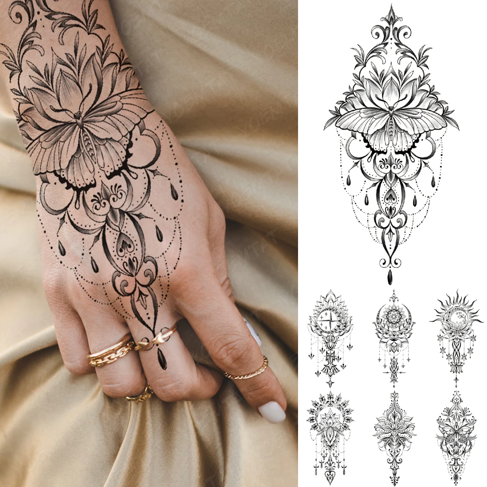 Waterproof Temporary Tattoo Sticker Henna Mehndi Totem Flash Tatto Butterfly Flower Hand Fingers Body Art Arm Fake Tatoo Women