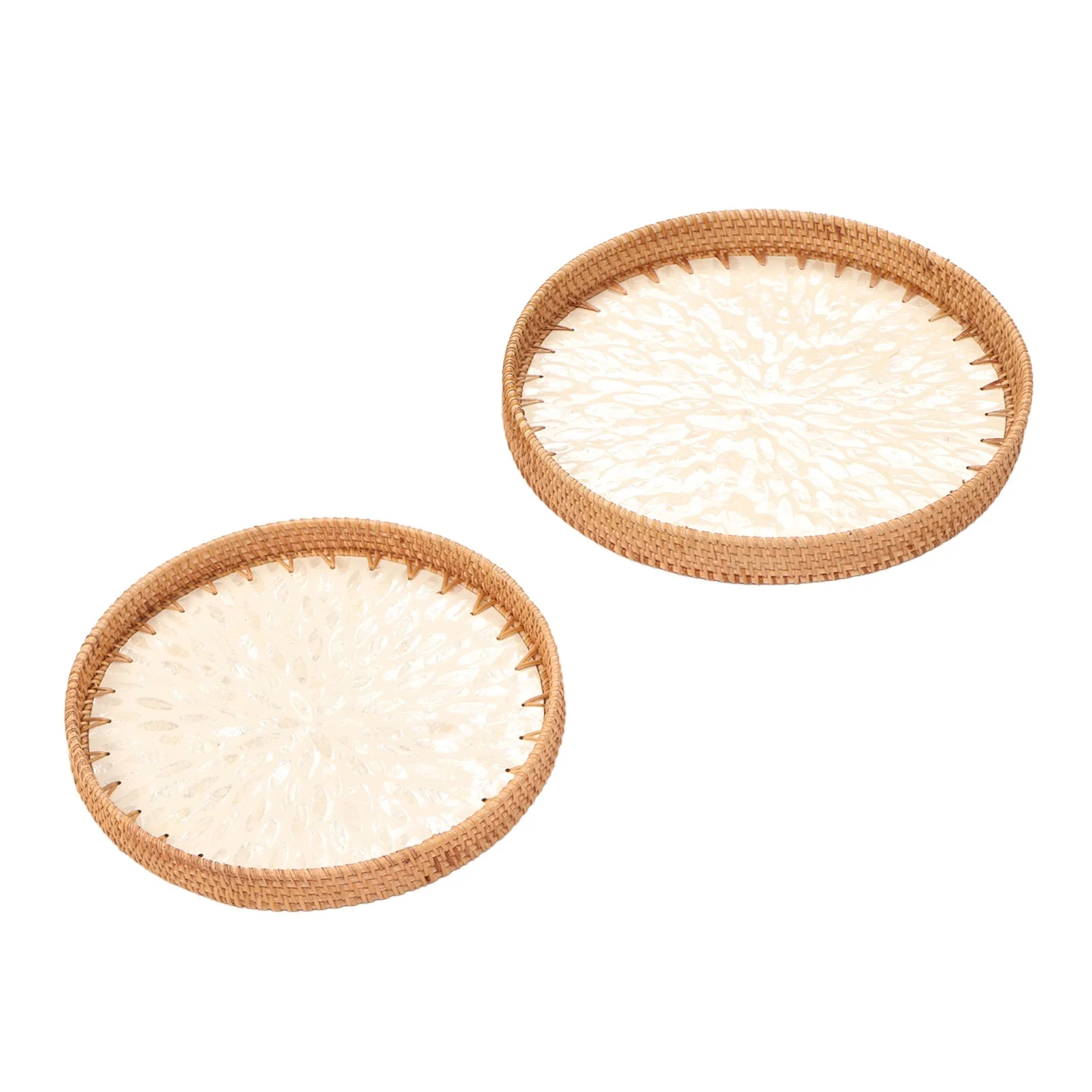 2pcs Woven Snack Serving Tray Round Traditional Handmade Art Style Rattan Decorative Tray for Food Fruit