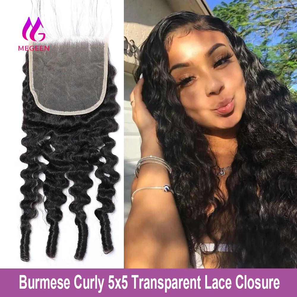 

Megeen 5x5 бесплатная часть Прозрачная Кружевная застежка бирманские кудрявые с спиральными концами застежка человеческих волос 12-20 дюймов наращивание волос 15а