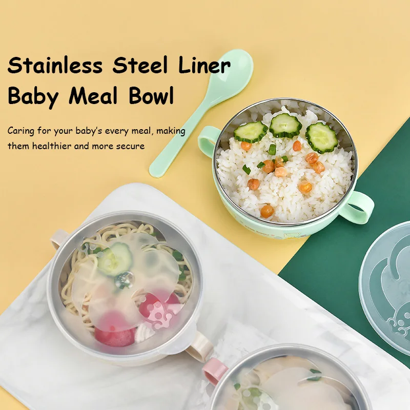 Baby Feeding Bowl Stainless Steel Insulation Bowl Spoon Set Children Tableware Cartoon Kids Food Bowl BPA Free